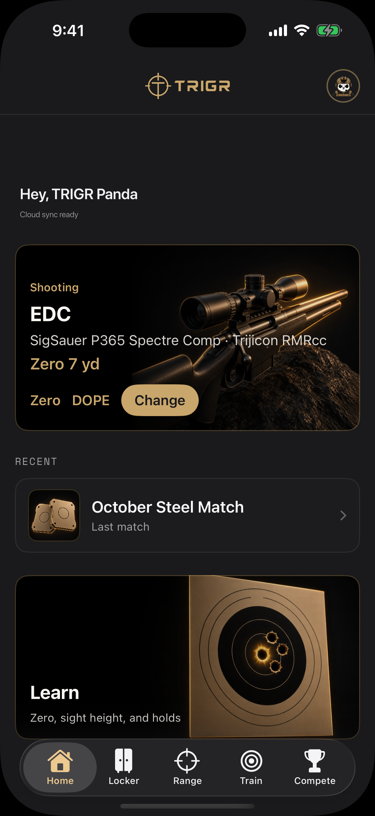 TRIGR Home tab with current Setup, Zero and DOPE shortcuts, and recent activity.