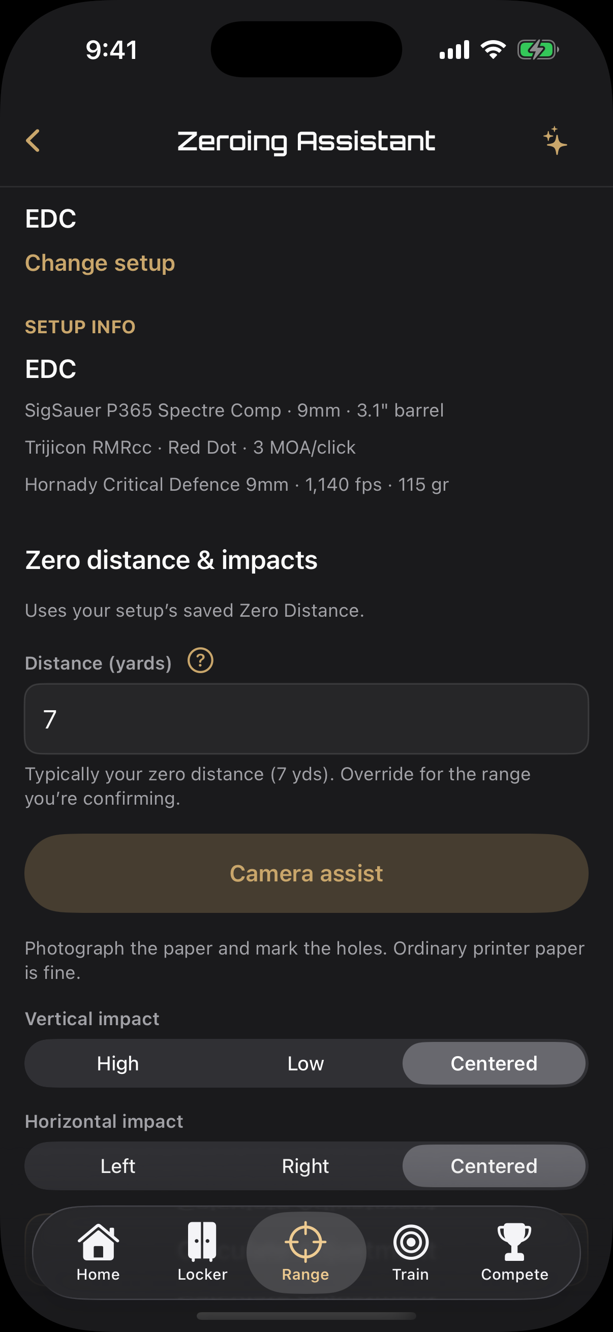 TRIGR Zeroing Assistant showing Setup info and impact selectors.